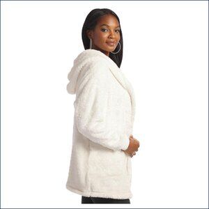 Plush Hooded Open Front Jacket Cream Sz S
